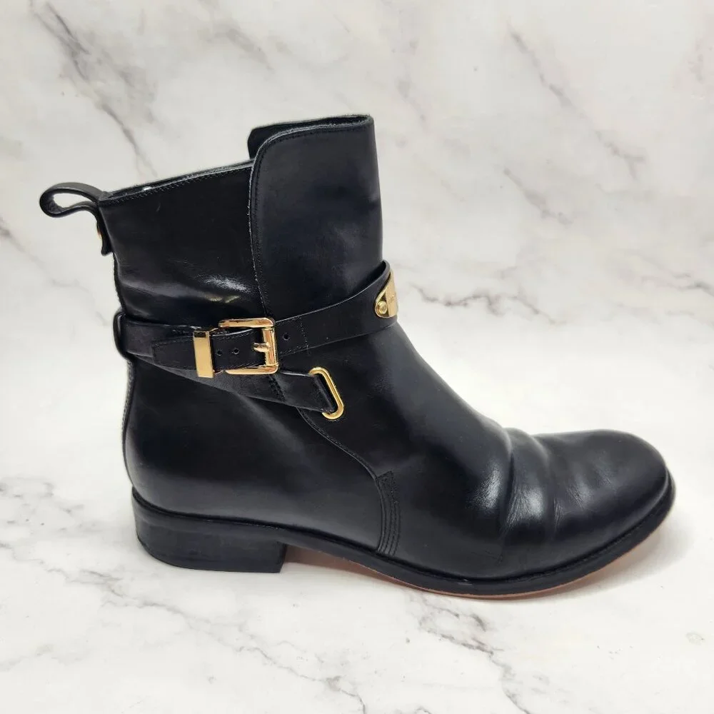 Michael Kors Arley Black Leather Ankle Boots Riding Booties Gold Hardwear 7.5